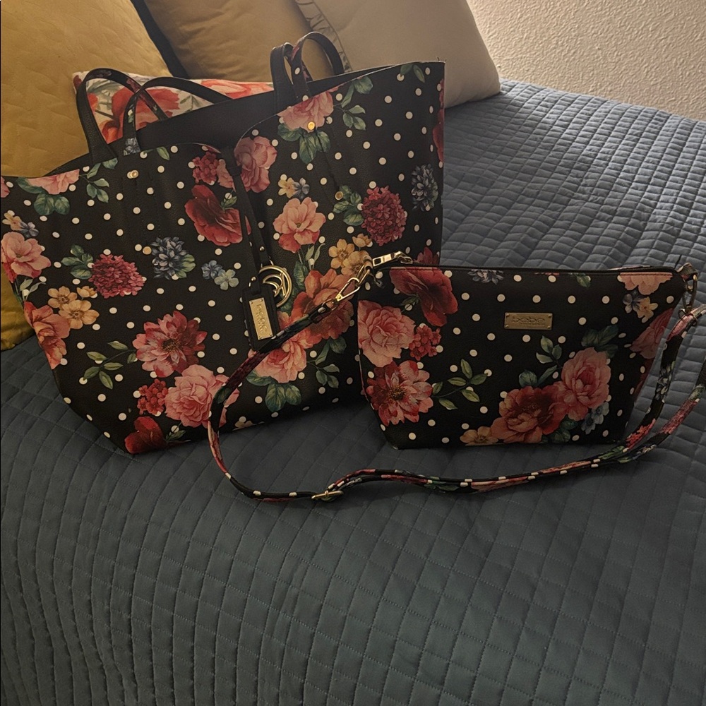 Bebe Floral Black Tote Bag and Matching Crossbody bag